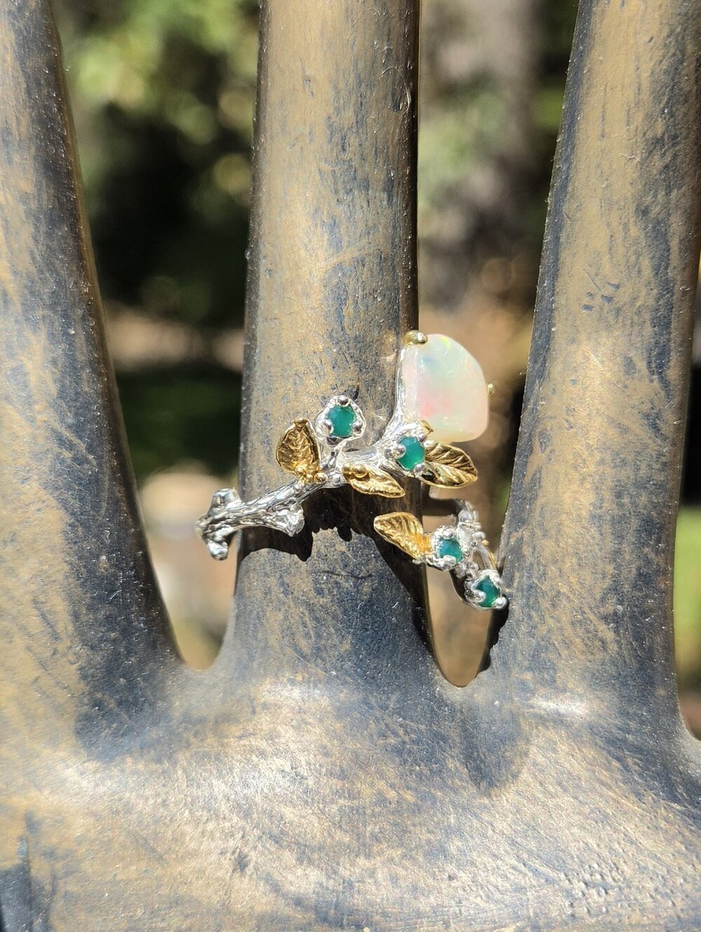 Opal & Green Onyx Leaf Ring Sterling & Gold Sz10 Adjustable - Picture 4 of 8
